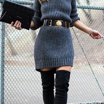 Fabulous Grey Sweater Dress With Leather Waist Belt And Thigh Shoes