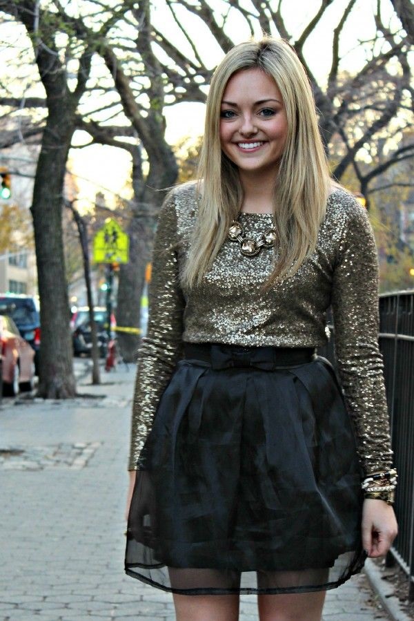 Golden Sequin Full Sleeves Top Paired With Black Mini Skirt And Awesome Necklace