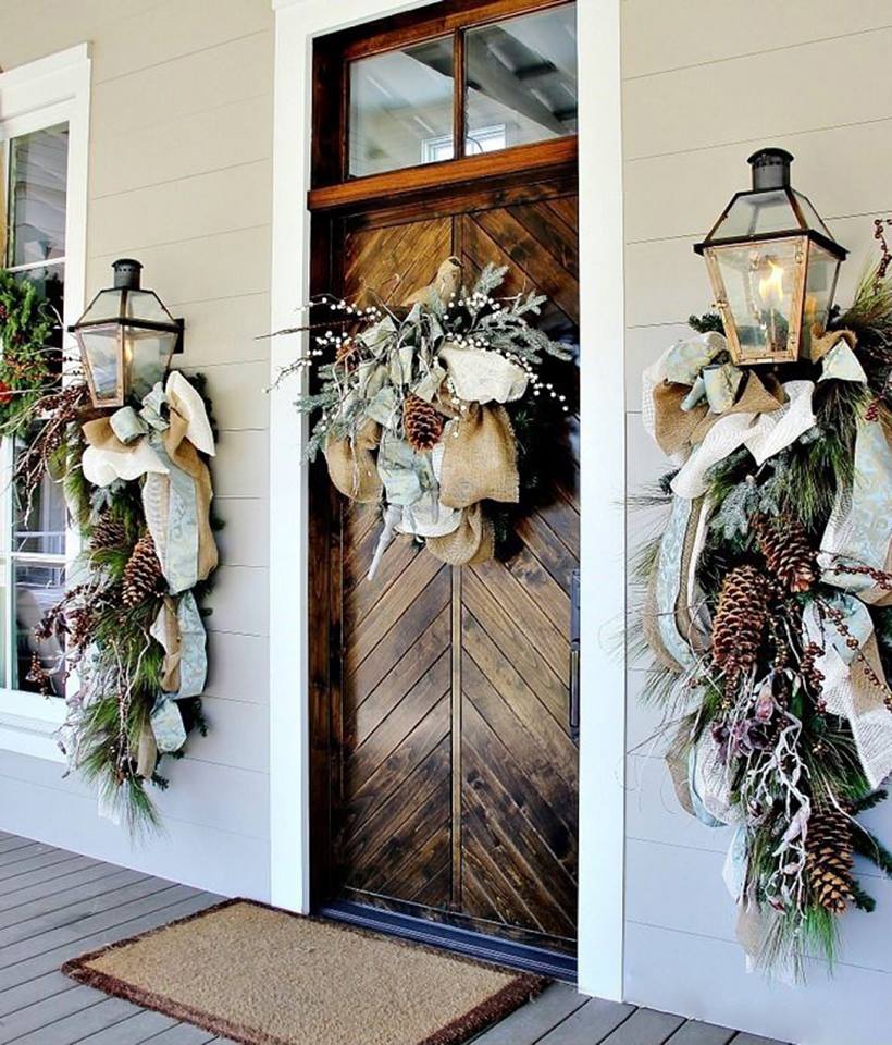 Pine-Cone And Burlap Wreath And Garland on Front Porch