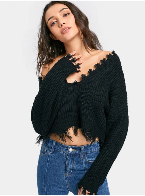Ultimate Black Oversized Flayed Cropped Sweater Paired With Jeans