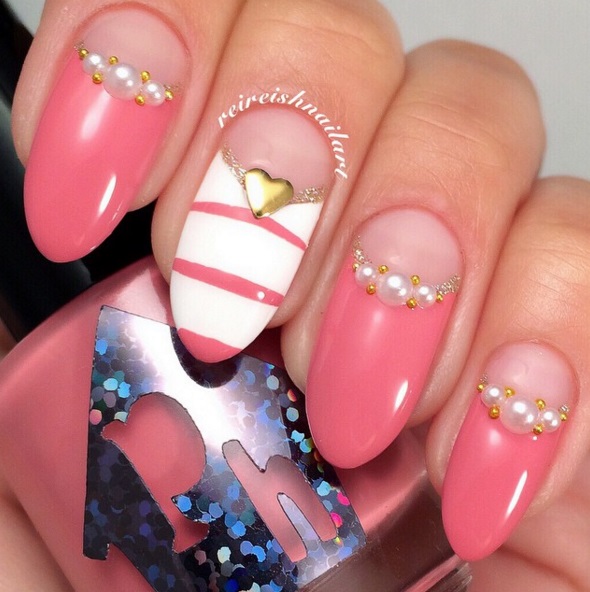 Beautiful Peach Nails With Pearls