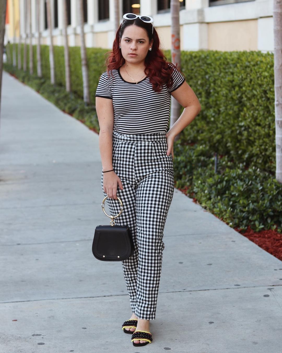 Black & White Stripes Top With Gingham Print Crop Pant And Handbag