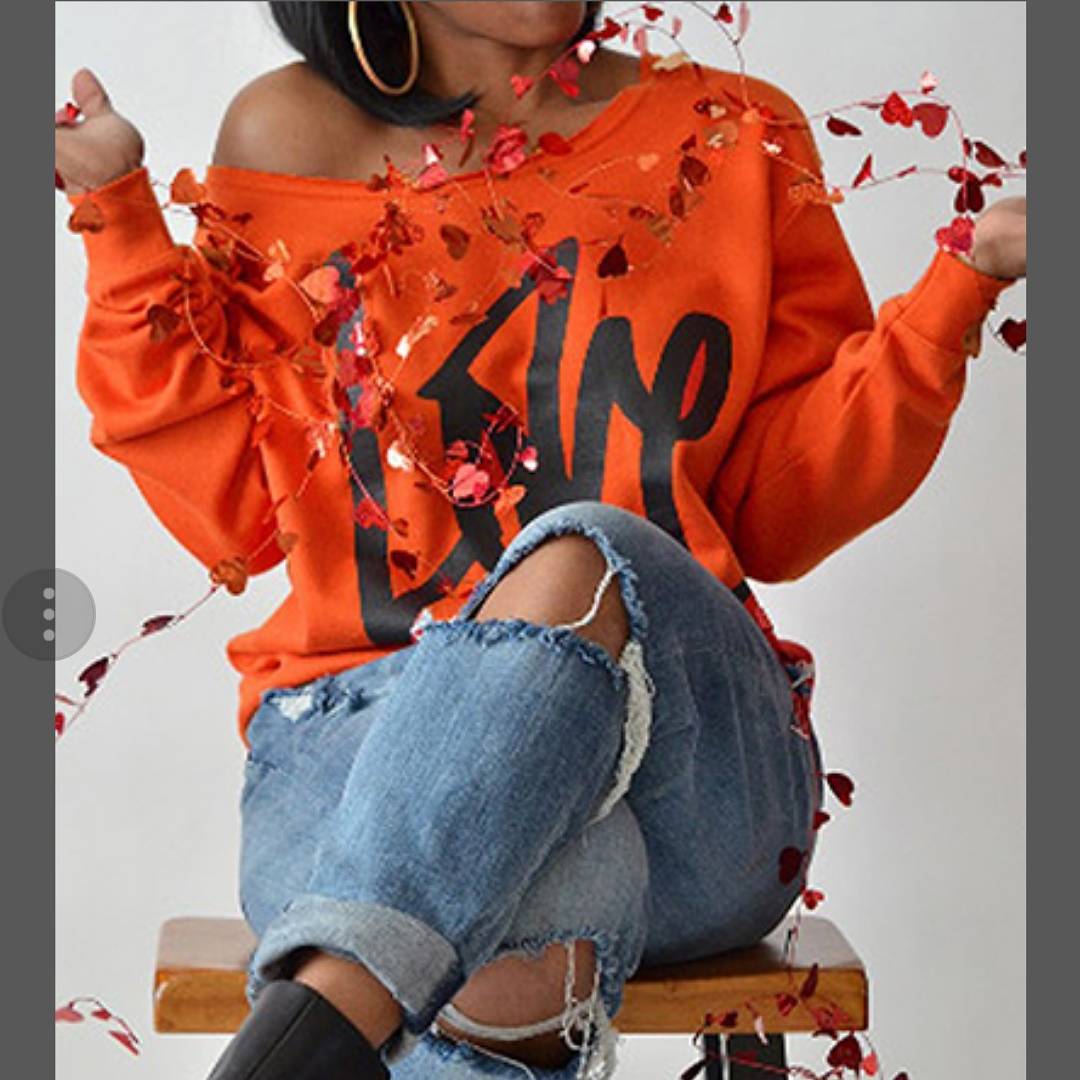 Dazzling Orange Off The Shoulder Sweatshirt With Love Letters On It