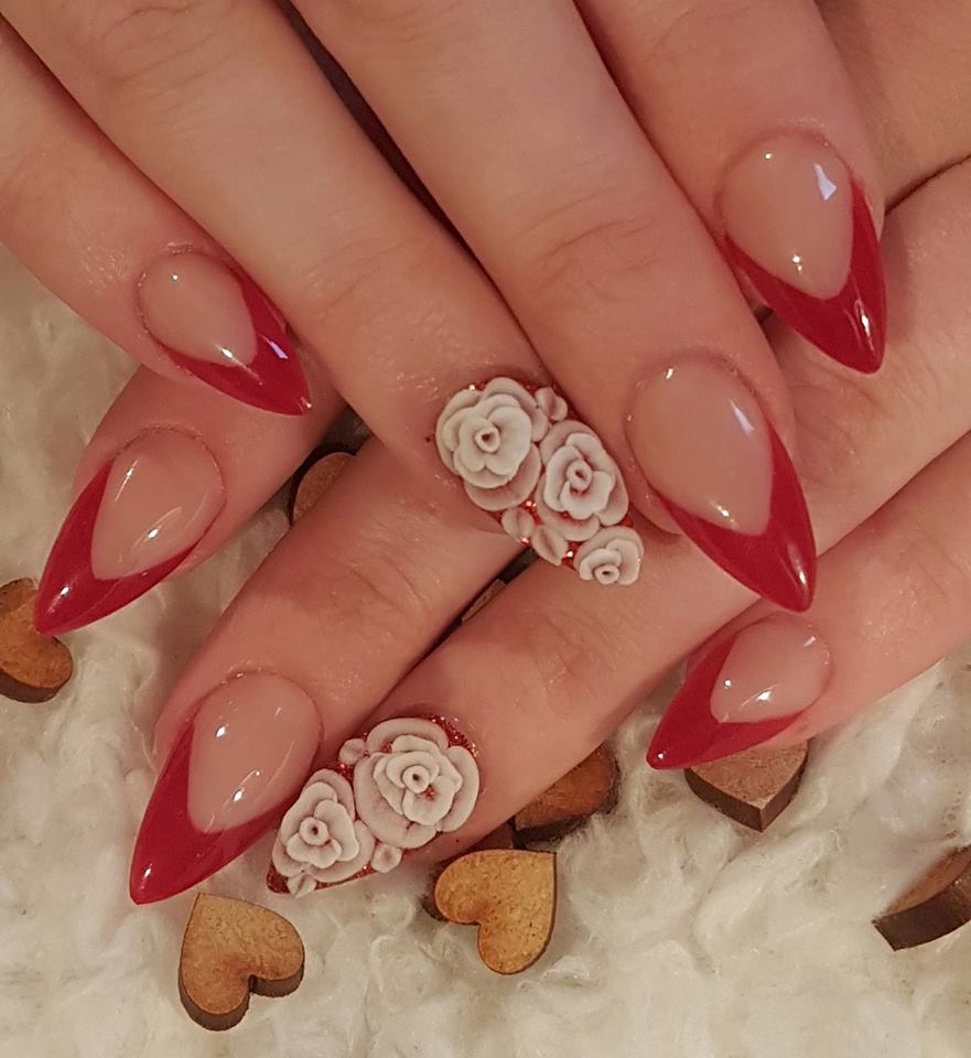 French Nails With Roses On Ring Fingers