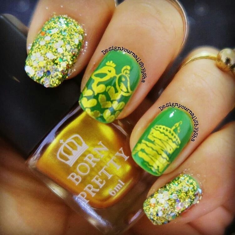 Glam Green With Yellow Nails