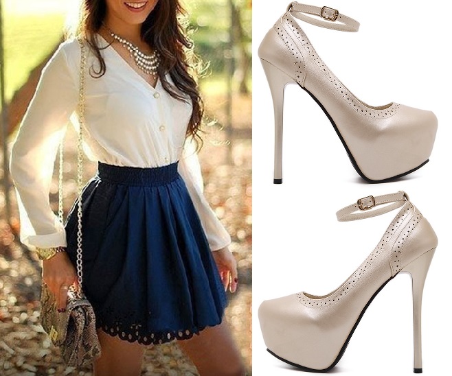 Glam White Full Sleeves Button Down Shirt With Blue Mini Skirt And White High Heels