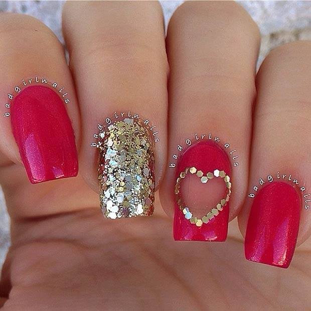 Glamorous Red Nails With Golden Flakes