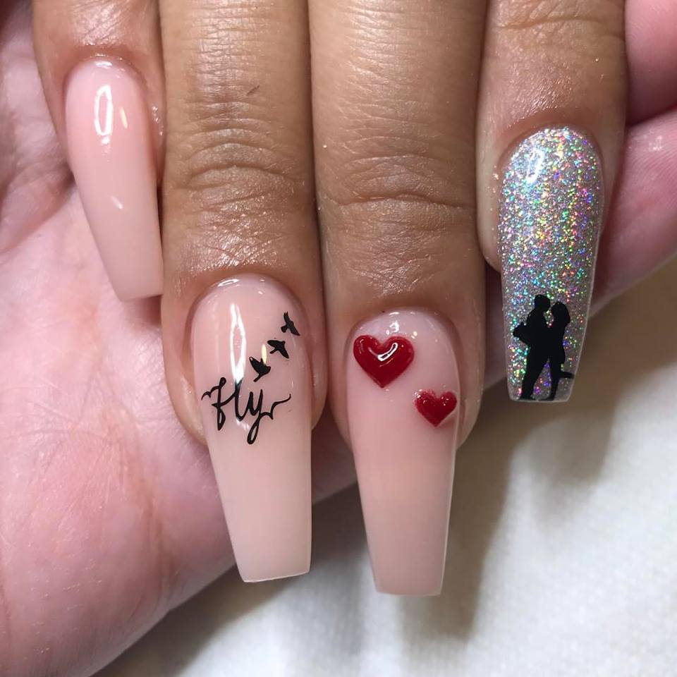 Nude Nails With 3D Heart And Glittery Finger