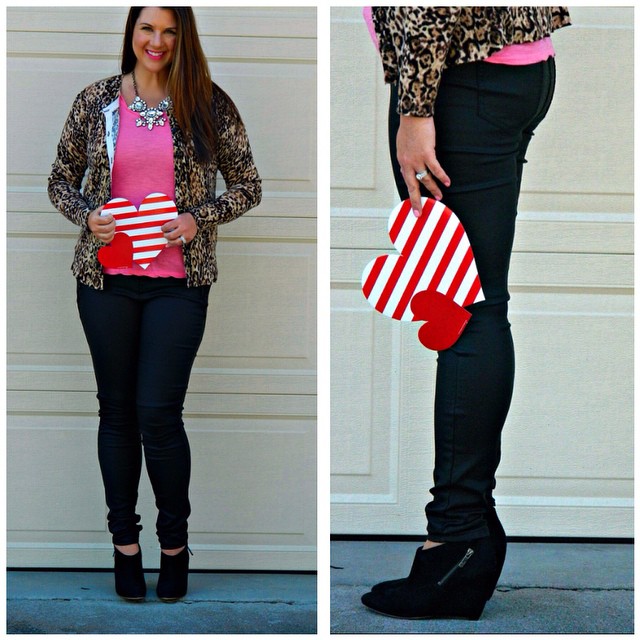 Pink Top Paired With Skinny Jeans And Leopard Jacket