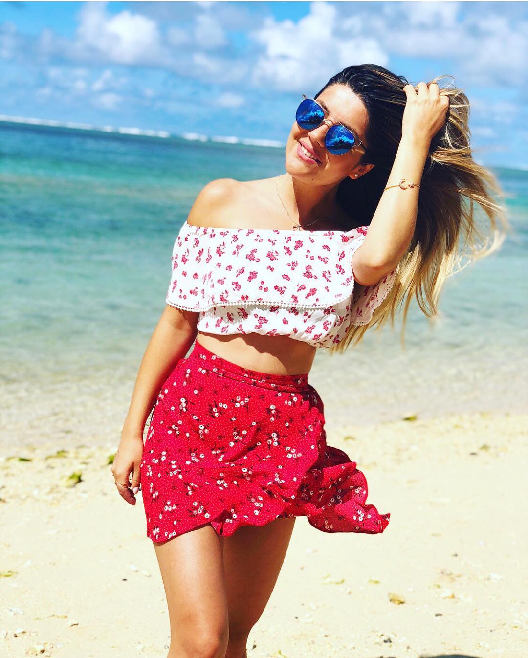 Pretty Off Shoulder Crop Top With Red Floral Skirt