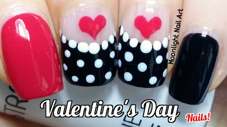 Ravishing Red & Black Polka Dots Nails With Heart