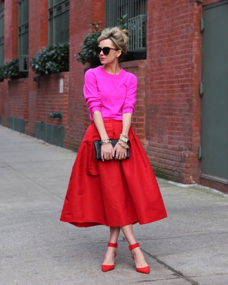 Simple Pink Top With Fluffy Red Skirt And Red Pumps
