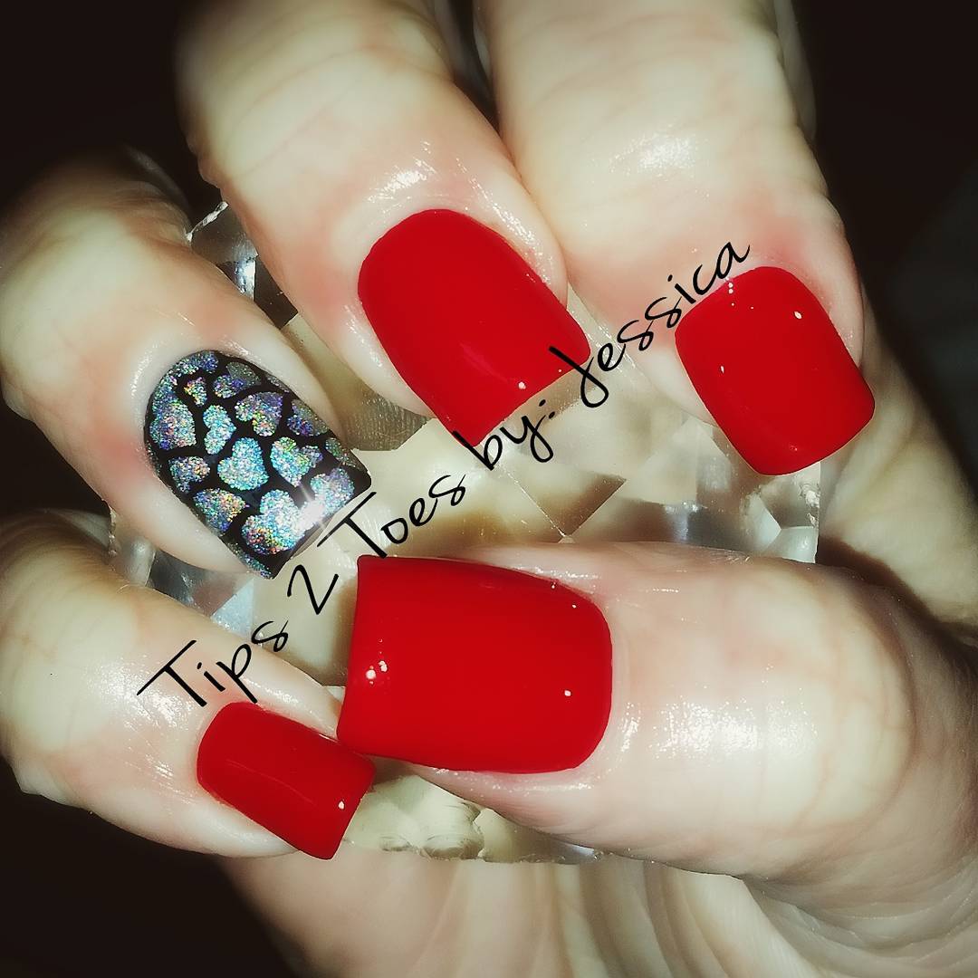 Square Red & Black Nails With Glittery Hearts