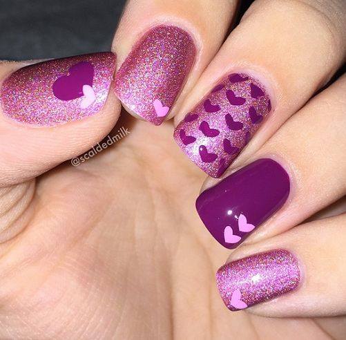 Stunning Purple Glittery Nails With Little Hearts