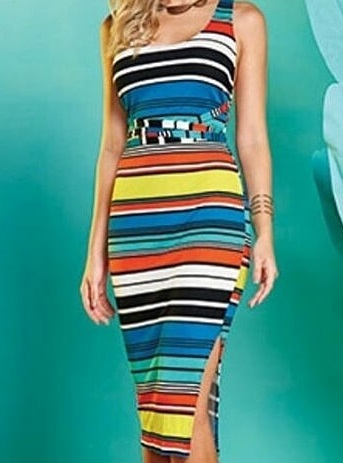 Colorful Stripes Dress With Side Slit