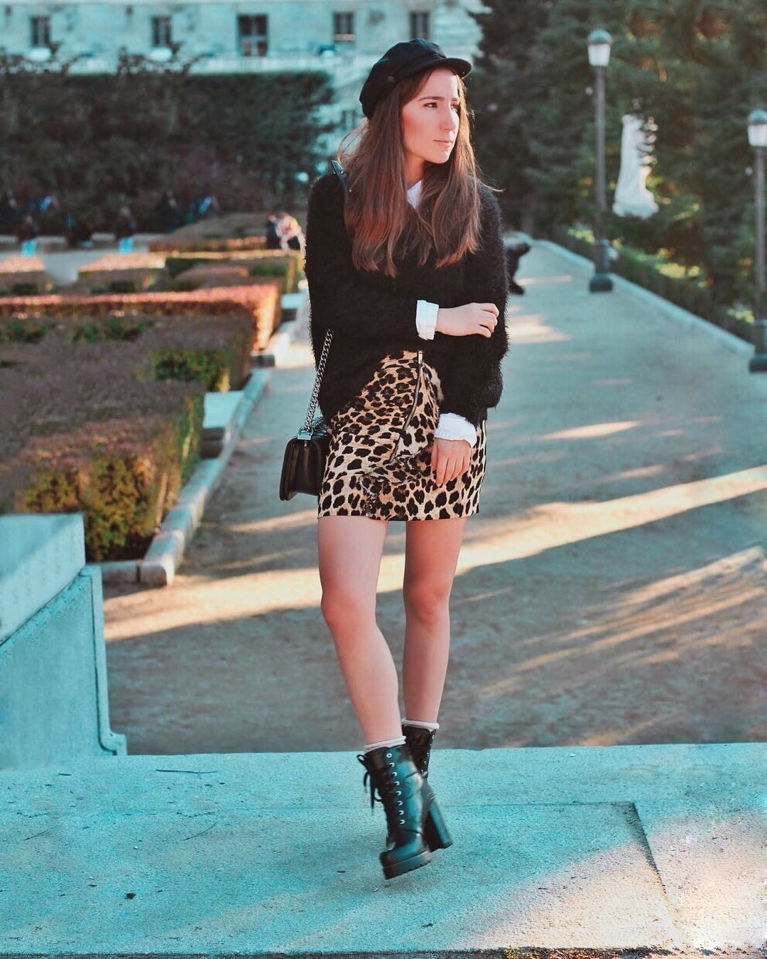 Leopard Skirt With Loose Sweater, High Heels Boots And Crossbody Bag