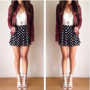 Polka Dots Short Skirt With Leather Jacket
