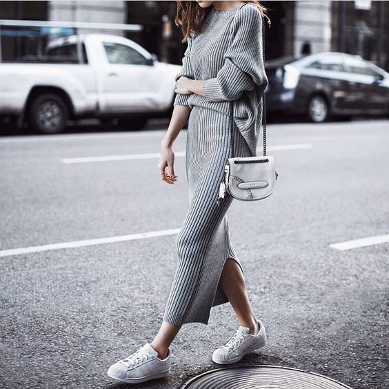 Superb Sweater Dress With Back Slit And Sneakers
