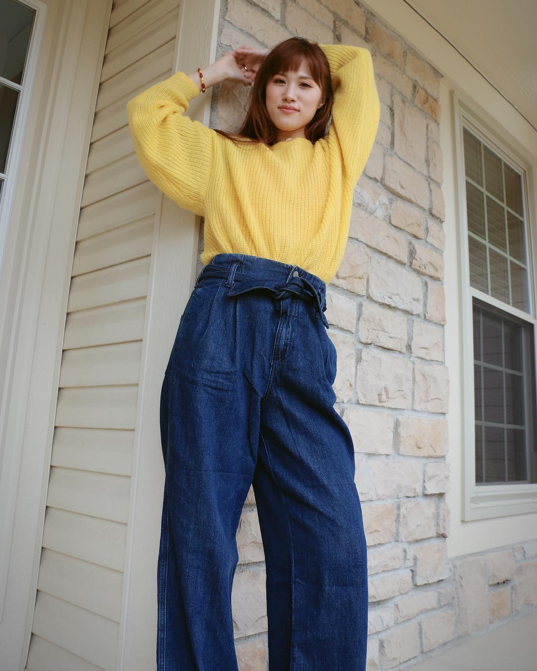 Best Denim Loose Pant With Yellow Sweater For Spring Season
