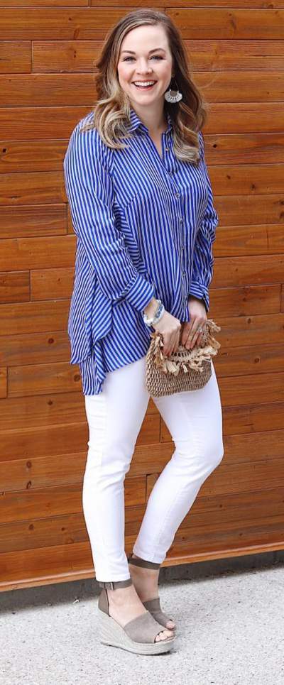 Blue Stripes Top With White Jeans And Platform Heels
