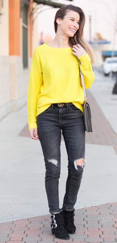 Bright Yellow Sweater With Denim Jeans And Suede Shoes