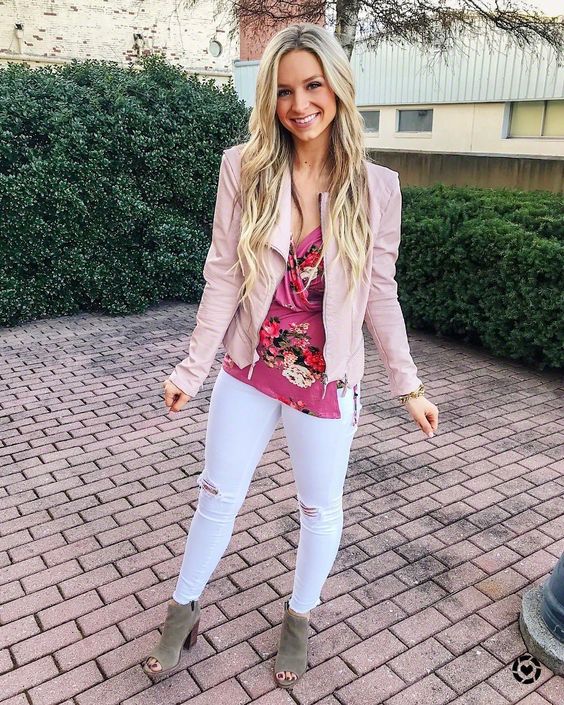 Charismatic Floral Tank Top, Blazer And Ripped Jeans
