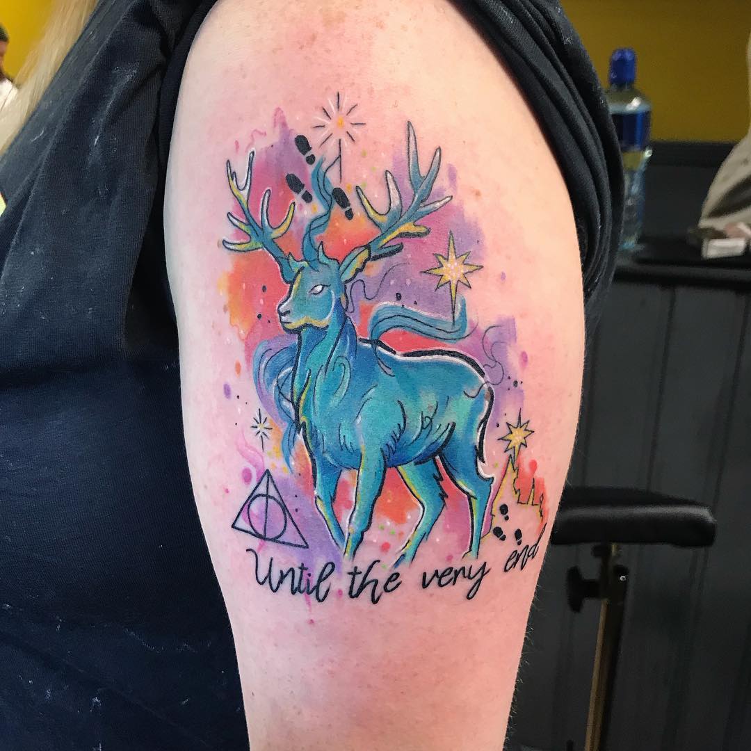 Colorful Reindeer Tattoo With Quote Inked On Sleeve