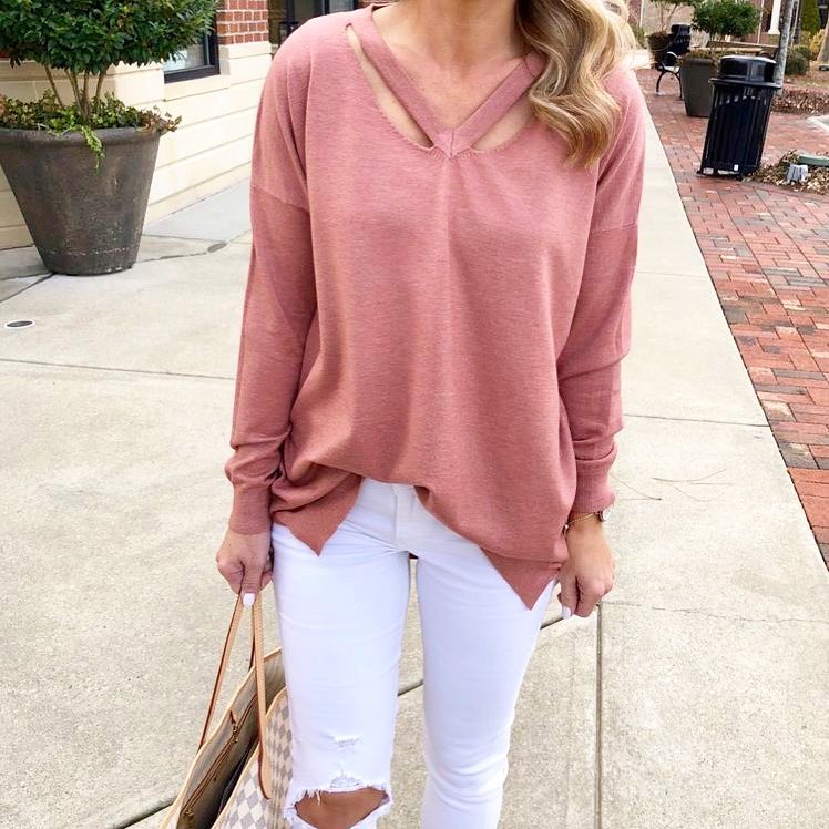 Cutout Coral Sweater With White Ripped Jeans