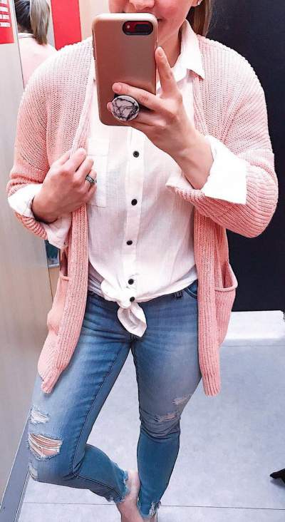 Dazzling Pink Cardigan With White Button Down Shirt And Distressed Jeans