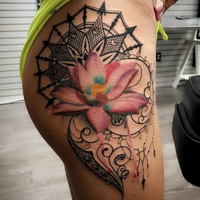 Designer Lotus Tattoo On Side Hip