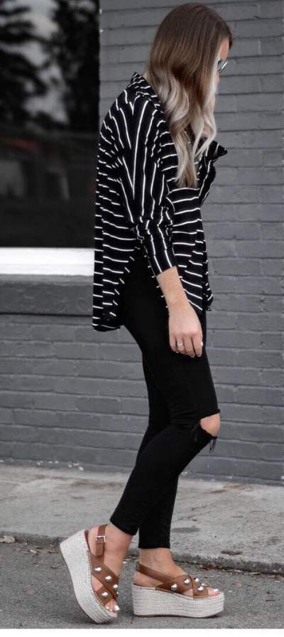 Designer Stripes Top With Black Denim Jeans And Platform Sandals