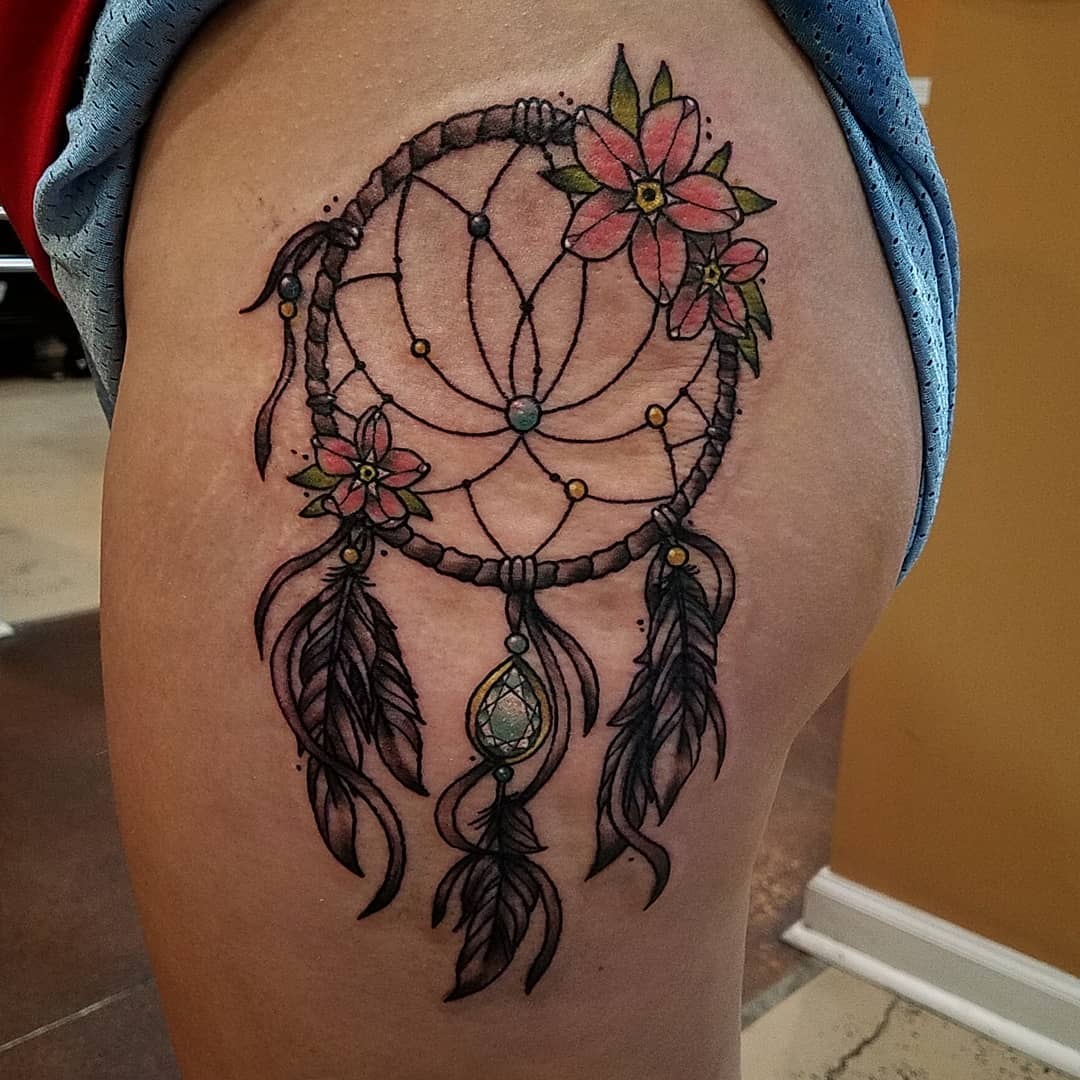 Dreamcatcher With Diamond And Lotus Inked On Side Hip.