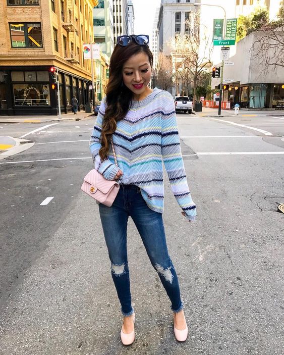 Enchanting Stripes Sweater With Denim Ripped Jeans