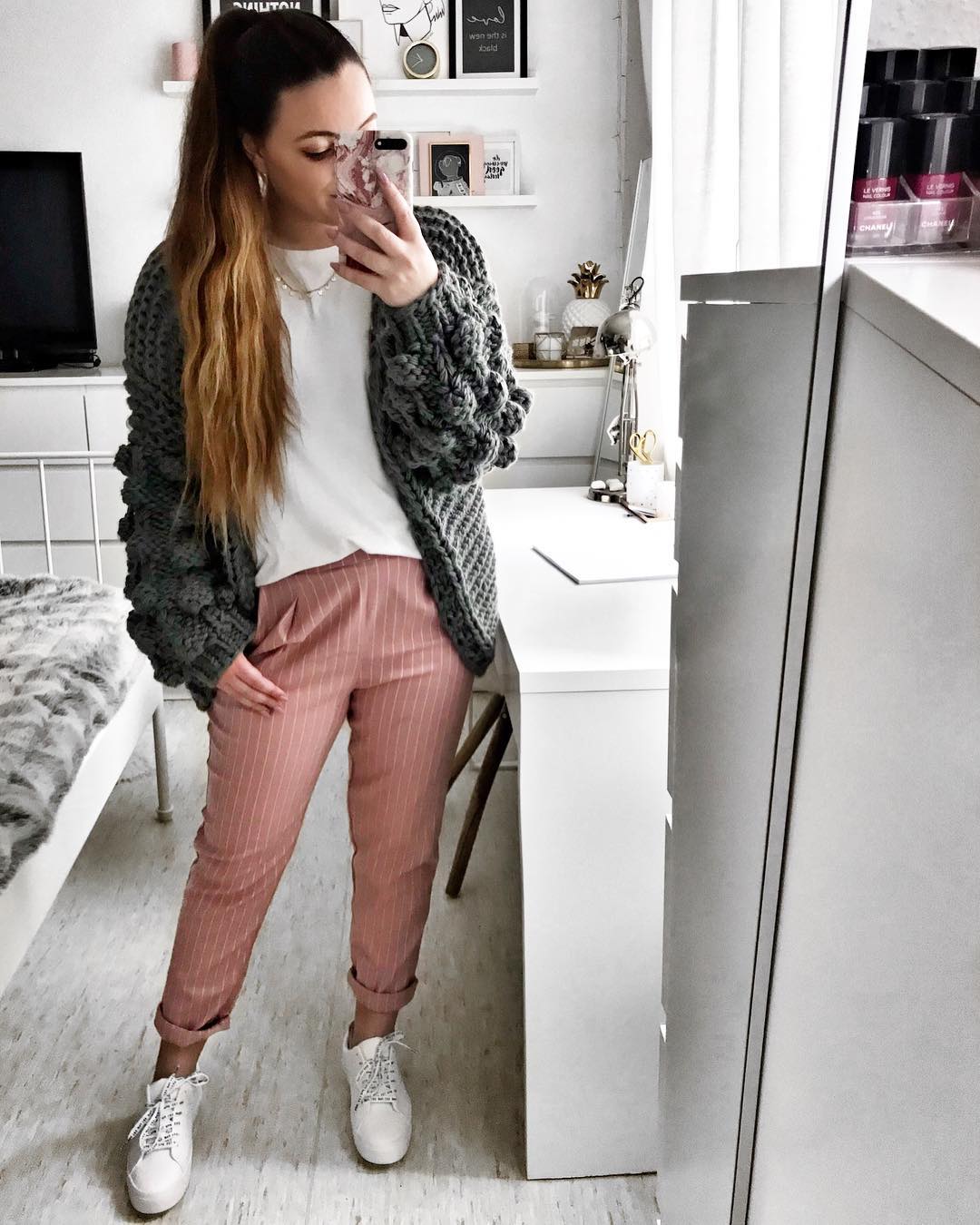 Favorite Pink Stripes Pant, White Top, Gray Bubble Sweater And White Sneakers