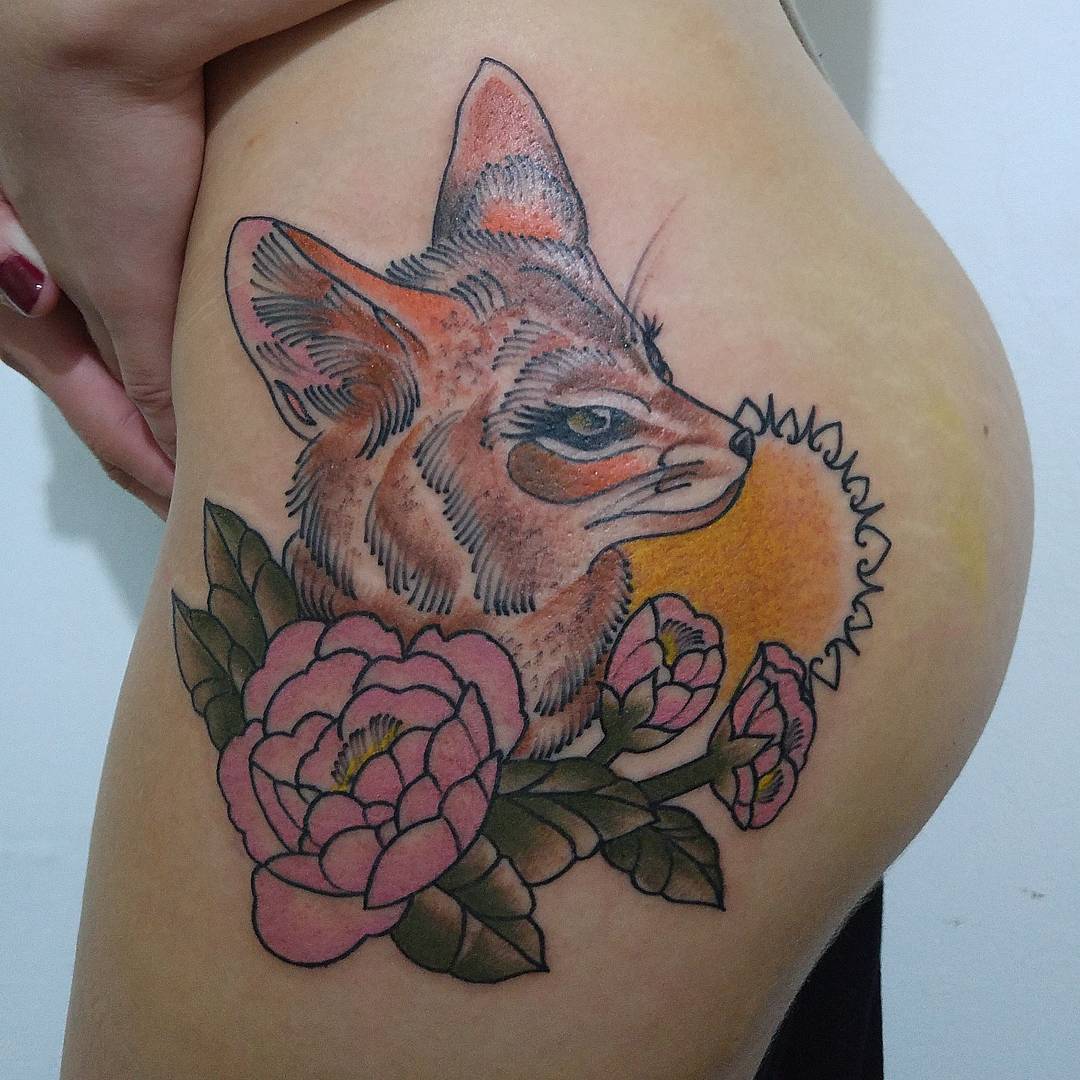 Fox With Flowers Hip Tattoo For Fox Lady