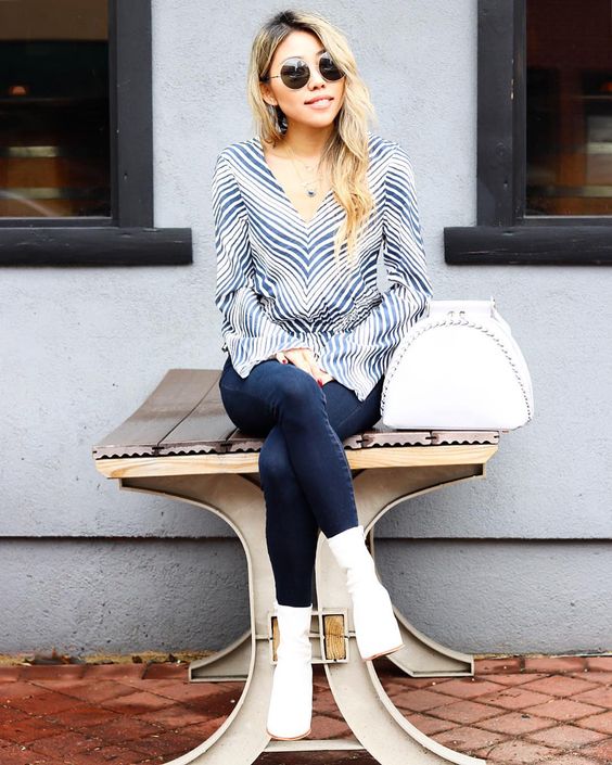 Glamorous Stripes V-Neck Top With Denim Jeans And White Ankle Boots