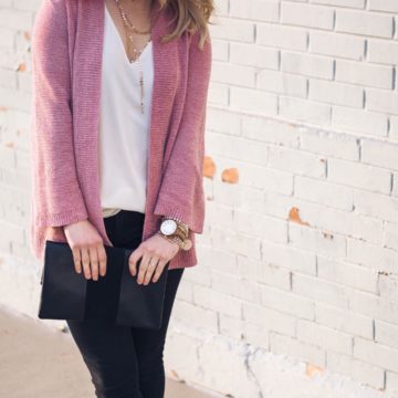 Gorgeous Pink Open Cardigan With White Top And Black Denim Jeans