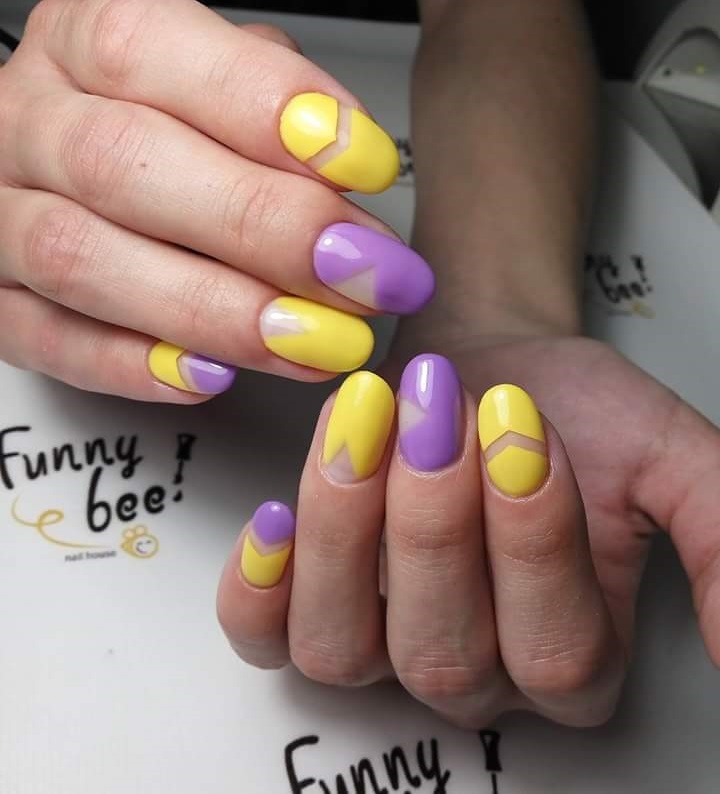 Innovative Conical Purple And Yellow Nails