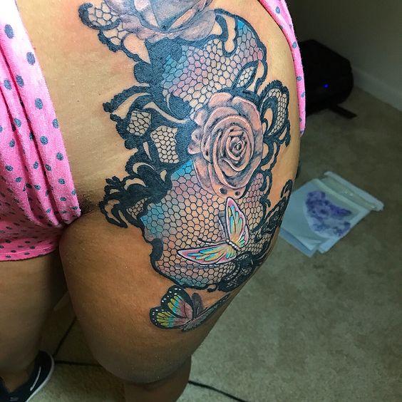 Lace Tattoo With Butterflies And Roses