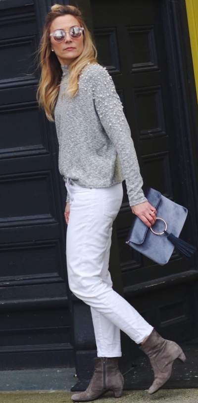 Light Gray Embellished Pearl Sweater With White Pant And Suede Shoes