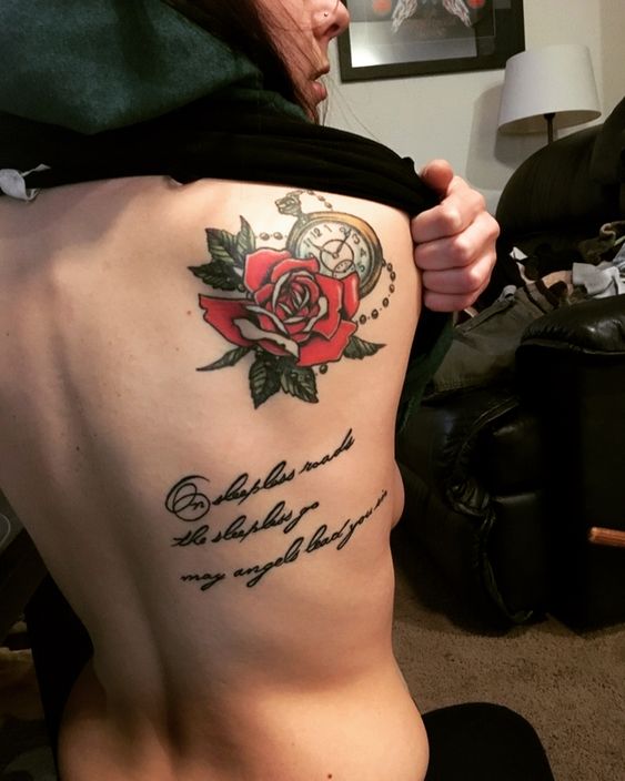 Mind Blowing Colorful Rose Tattoo With Quote On Back