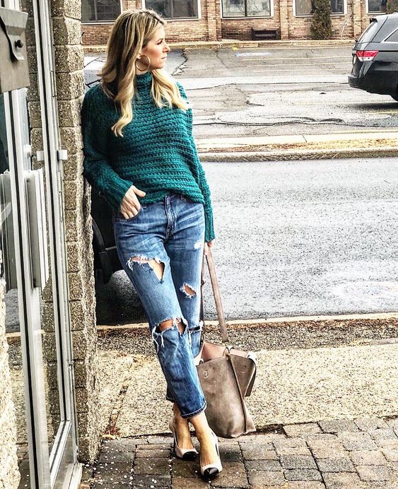 Mock Neck Bottle Green Sweater With Distressed Jeans Perfect For Spring