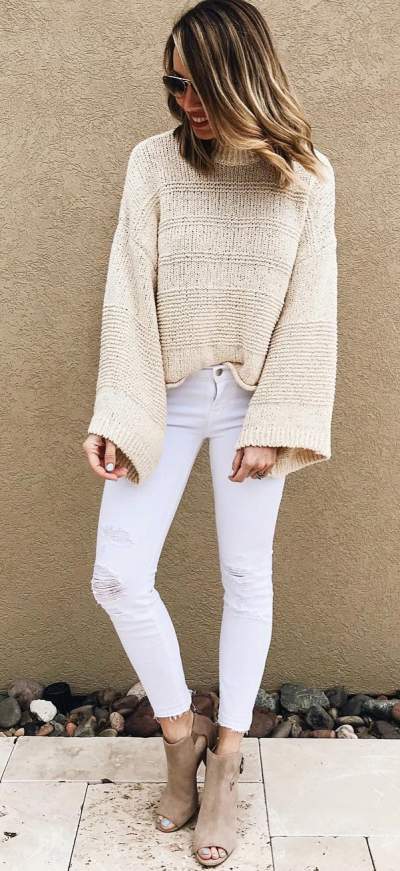 Neutral Oversize Sweater With White Distressed Jeans And Open Toe Heels