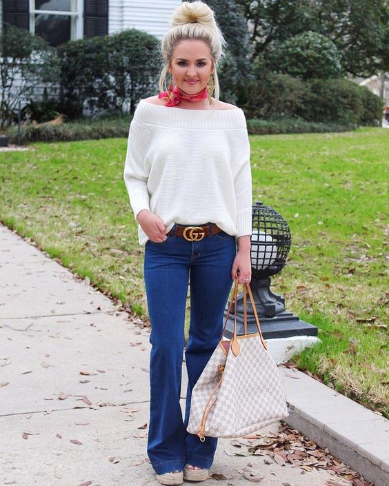 Off Shoulder Sweater With Loose Bottom Denim And High Bun