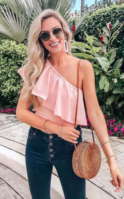 Peach One Shoulder Spring Outfit