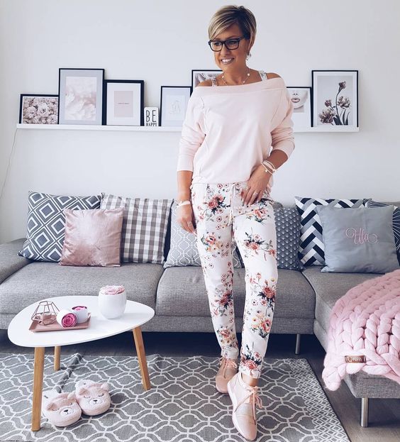 Pretty Pink Floral Bottom With Off Shoulder Top With Sneakers