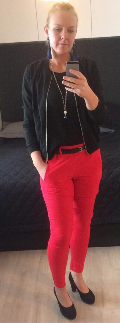 Red Pant With Black Jacket And Shoes