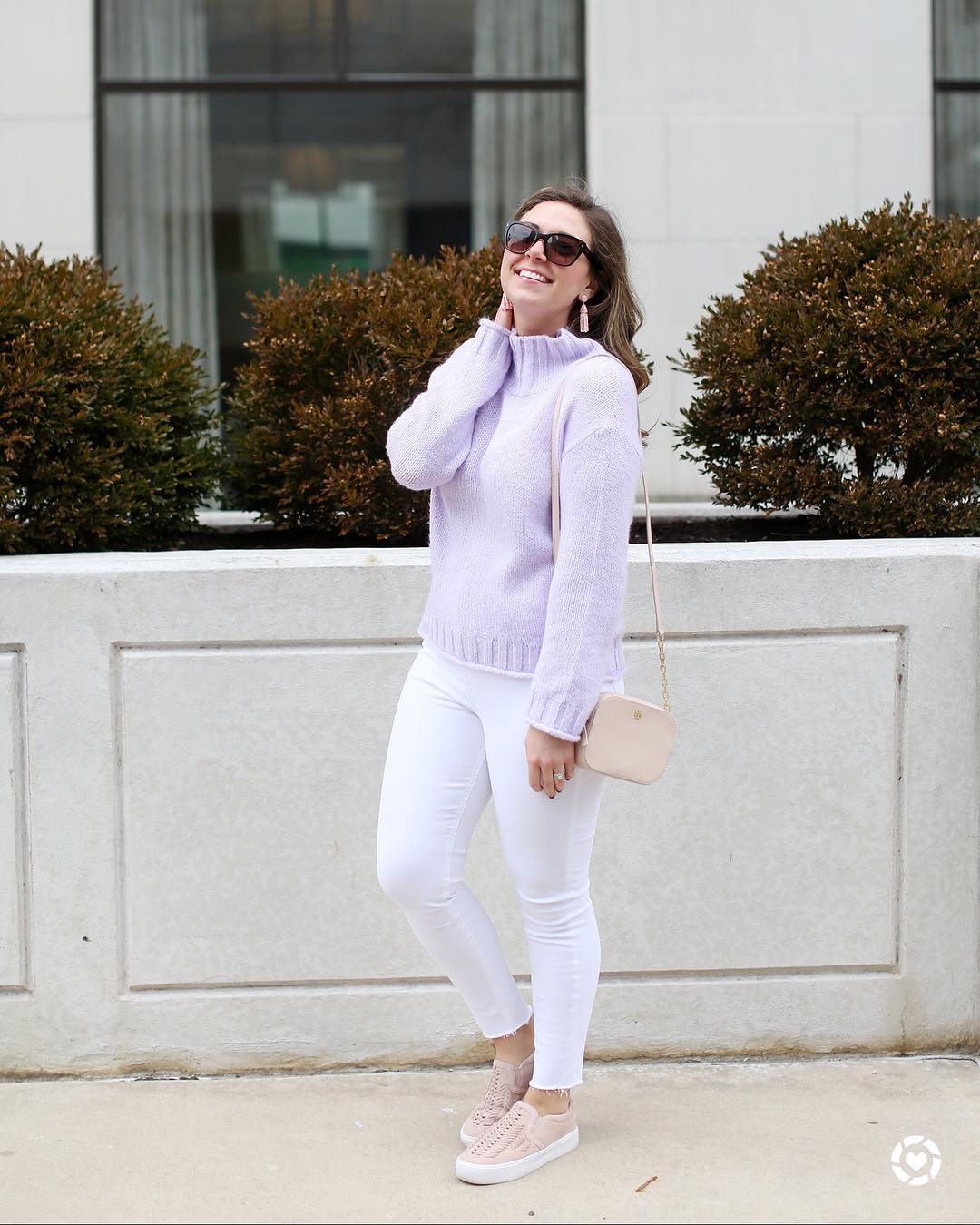 Rocking Lavender Sweater With White Denim Jeans And Sneakers