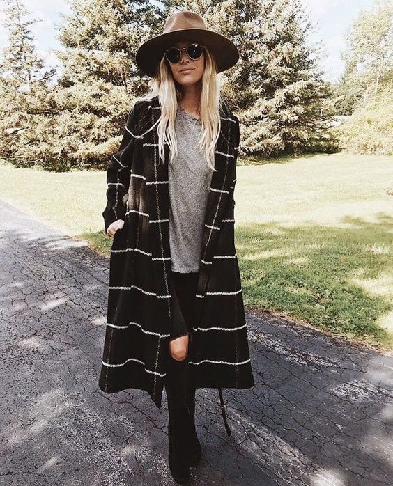 Sassy Long Stripes Coat, Grey Woolen Top, Black Ripped Jeans, Hat And Boots