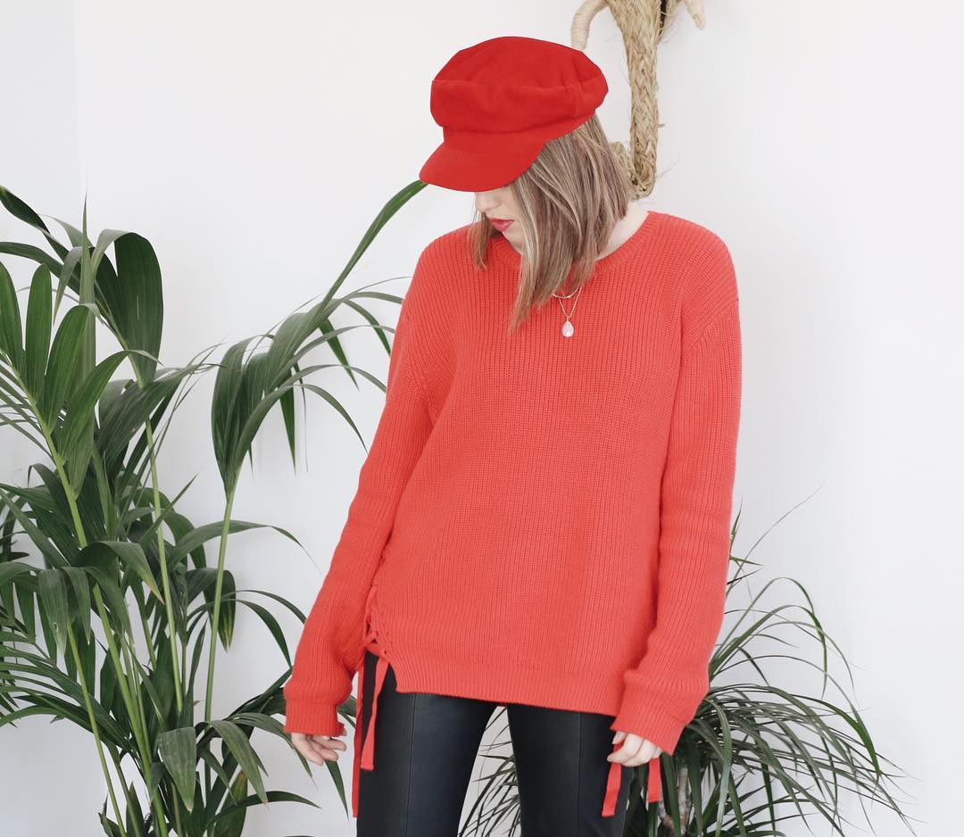 Simple Red Sweater With Leather Pant And Red Cap